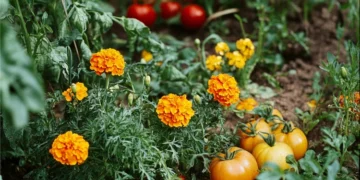 companion planting tomatoes, basil and marigolds