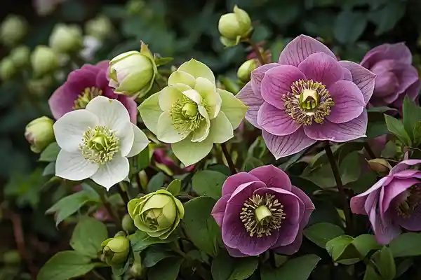 mixed color hellebores